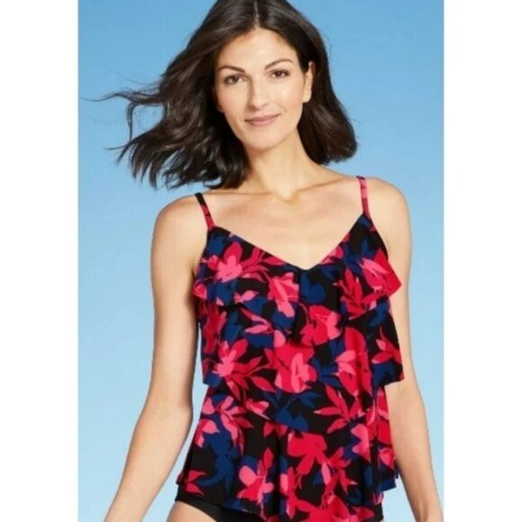 AQUA GREEN Floral Tiered Tankini Swim Top Navy and Red Ruffles Sz L Vacation - Picture 11 of 11